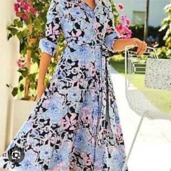 Lilly Pulitzer Mira Stretch Midi Shirt Dress Bright Navy Amore Please XXS 00 - Picture 2 of 16